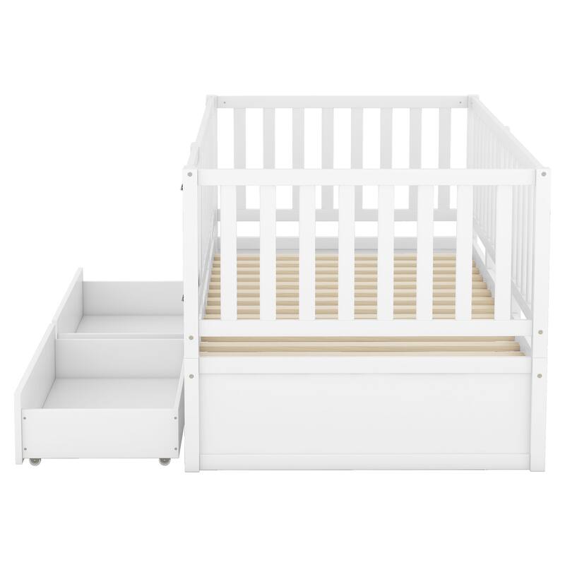 Modern Wood Daybed with Fence Guardrails and 2 Drawers