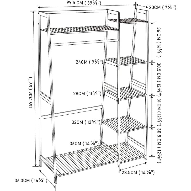 Natural Bamboo Clothes Hanger Rack Freestanding Closet Organizer with Shoes Storage Shelves for