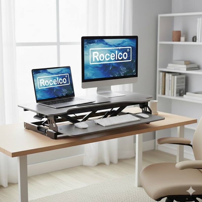 Rocelco 32 in. W Gray Height Adjustable Standing Desk Converter Keyboard Tray Up Double Monitor Riser Computer Workstation