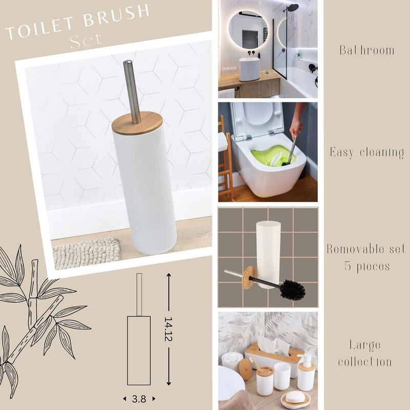 White Toilet Brush and Holder Set Padang with Bamboo Top - 3.8"L x 3.8"W x 14.12"H