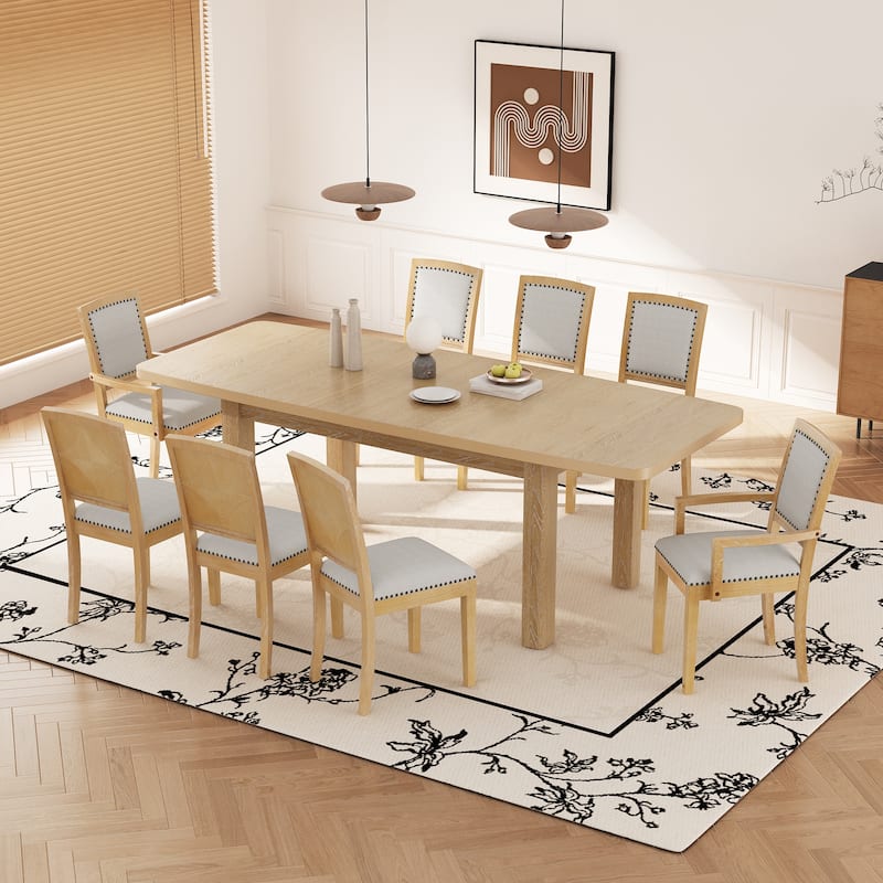 9 Pieces Extendable 84 inch Dining Table Set, 6 Upholstered Armless Dining Chairs and 2 Padded Arm Chairs - Natural+Grey