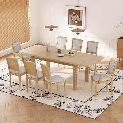 Natural+Grey 7-Piece Wooden Dining Table Set with Extendable Table, 6 Armless & 2 Armchairs