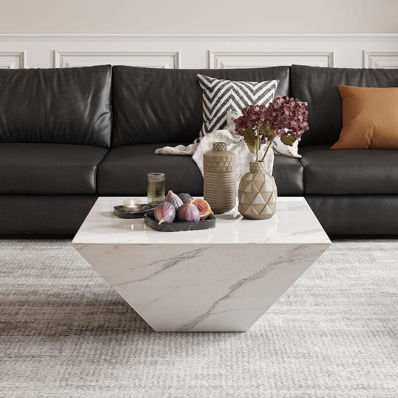 Modern Square Coffee Table, Trapezoid White Sintered Stone Coffee Table, Fully-assembled