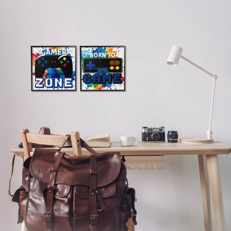 Stupell Gamer Zone on Splash Framed Giclee Art Design By Kim Allen (Set of 2)