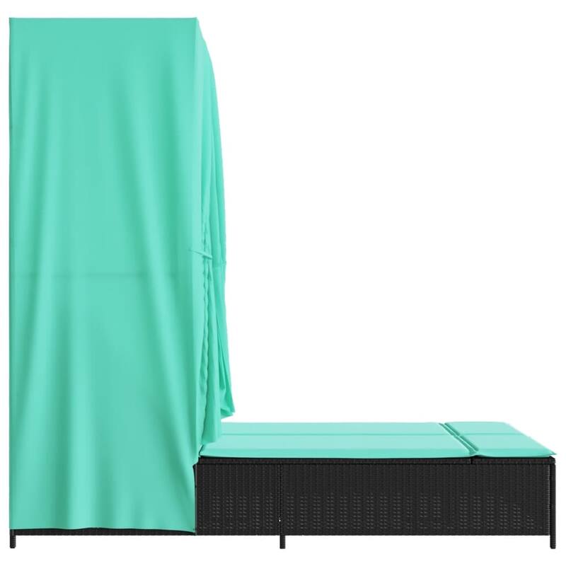 vidaXL Double Sun Lounger with Roof and Curtains Poly Rattan Brown/Gray/Black - 40.9" x 77.6" x 76"