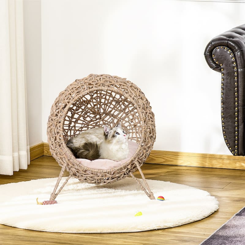 PawHut Weaved Cat Bed, Elevated Hand-woven Braided Banana Leaf Kitten House Condo with Cushion