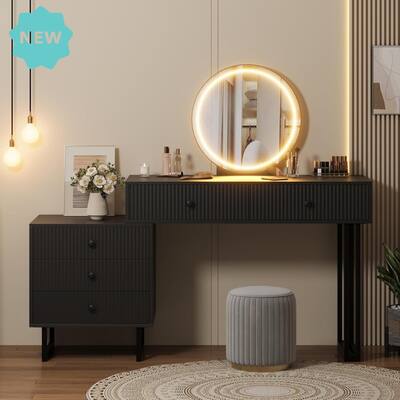Modern Vanity Desk with LED Mirror, Adjustable Brightness Lights, 5 Drawers
