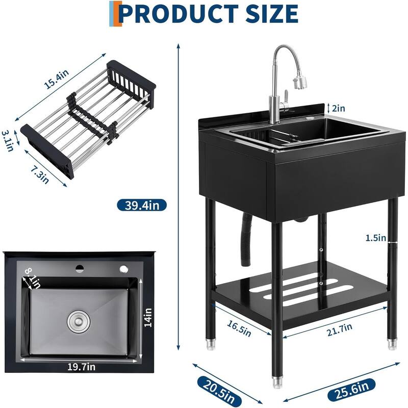 25.6"x20.5"x39.4" Freestanding Single Bowl Utility Sink with Storage Shelf