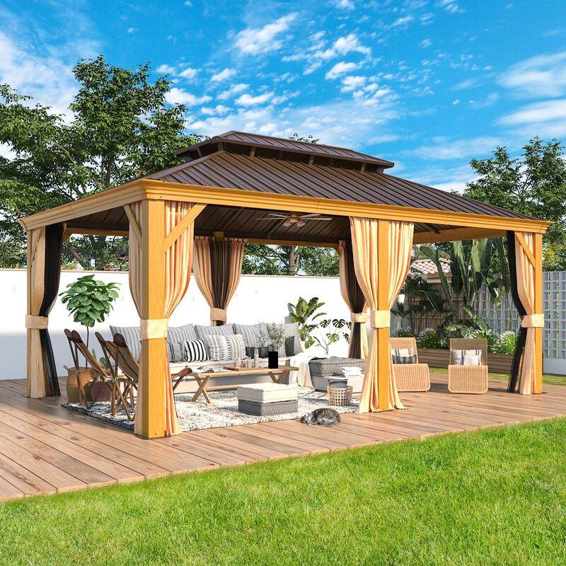 Outdoor Hardtop Gazebo, Wooden Finish Coated Aluminum Frame w Galvanized Steel Double Roof with Premium Curtains and Netting - 12' x 18' - Wood