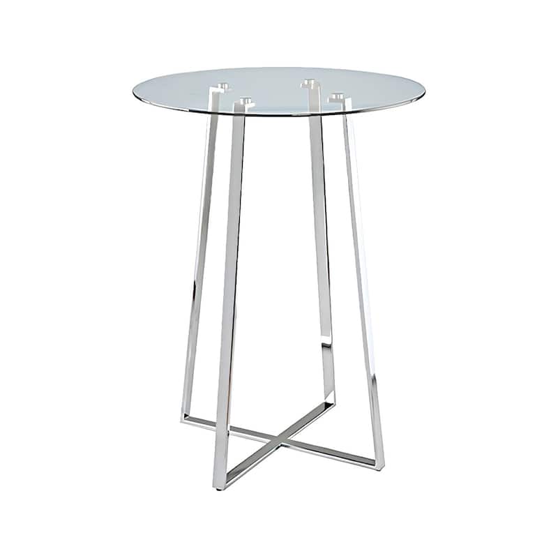 HomeRoots 32" Clear and Silver Rounded Glass and Iron Bar Table - 32 in. x 42 in. x 32 in.