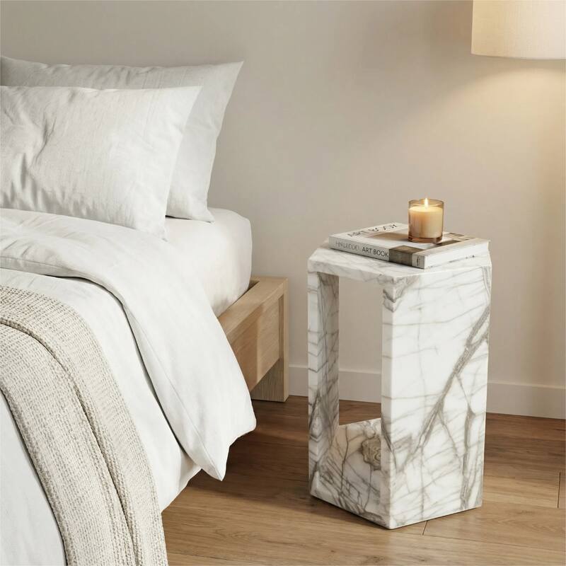 Roomfitters Luxury Natural Marble Hexagon Side Table, Solid Stone Geometric Pedestal End Table, Polished Finish - White+Multi