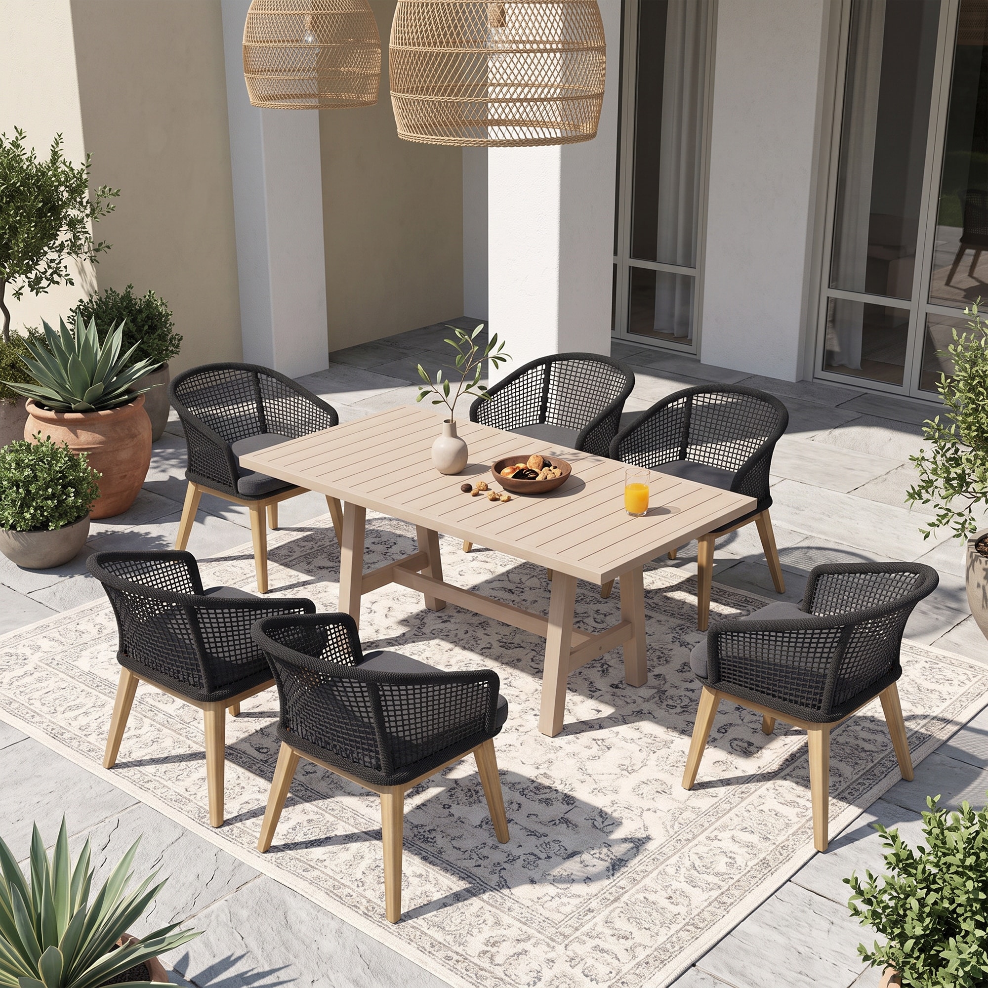 7-Piece Outdoor Dining Set Patio Arm Chair with Rope-woven Backrest and Acacia Wood Dining Table