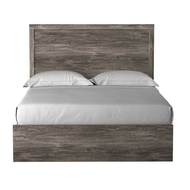 Isnk Queen Size Bed w Plank Headboard, Rustic Gray Laminate Finish