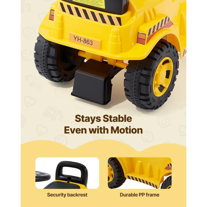 Toddler Ride-On Excavator Car with Helmet and Music, Yellow - 42.1 x 11.4 x 21.3 in