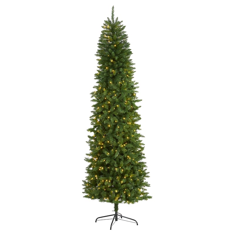 8’ Pre-Lit Green Slim Mountain Pine Artificial Christmas Tree, Warm Clear LED Lights - 8 Foot