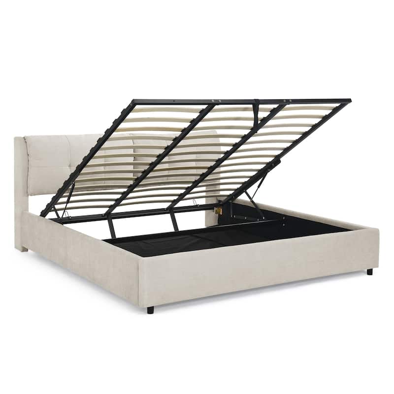 King Size Chenille Upholstered Bed with Hydraulic Lift-Up Storage & Integrated Headboard