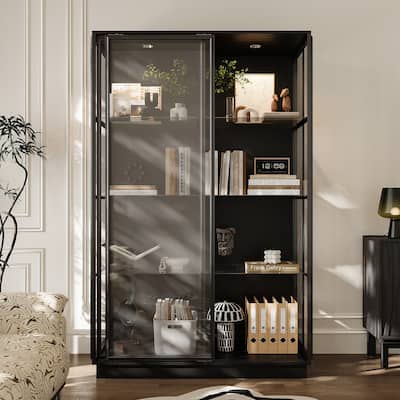Modern Glass Curio Display Cabinet 4 Tier Display Case With lights & Doors