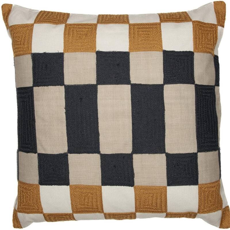 20" Beige Ivory And Navy Blue Check Throw Pillow Cover