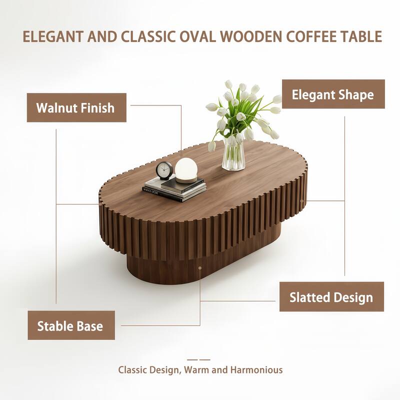 Oval Coffee Table for Living Room, Mid Century Modern Wooden Table with Pedestal, Unique Drum Tea Table Side Center Table