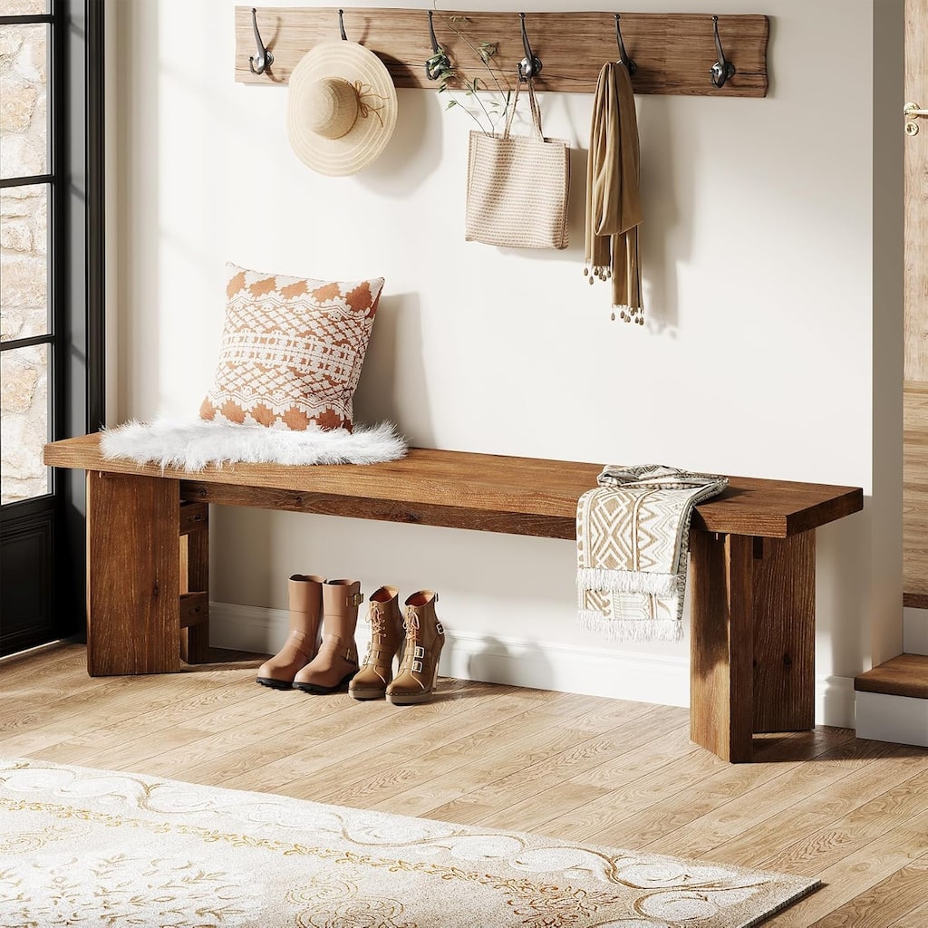 Solid Wood Entryway Bench, 63" Farmhouse Wood Dining Bench with Thickened Legs - 62.99" W x 13.78" D x 17.72" H