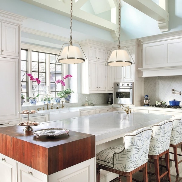 Malury Modern Brass Gold 12 inch Dome Pendant Metal Ceiling Light for Kitchen Island with White Fabric Shade