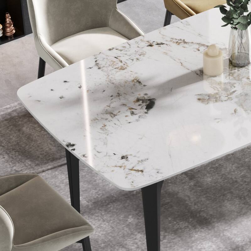 70.87"Modern artificial stone Pandora white curved black metal leg dining table-can accommodate 6-8 people