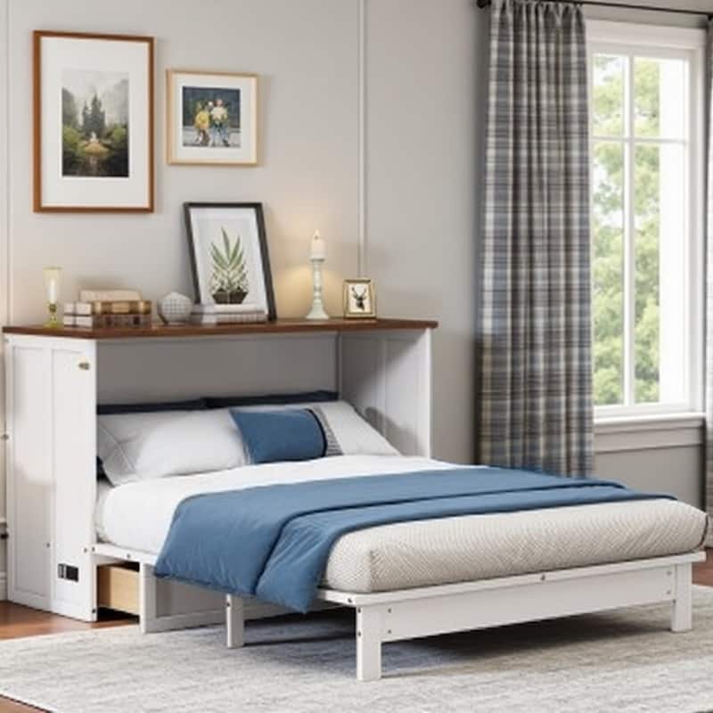 Full Size Murphy Cabinet Bed with Fold-Out Mattress, Built-in Charging Station & Storage Drawer, Solid Pine Frame - White+Walnut