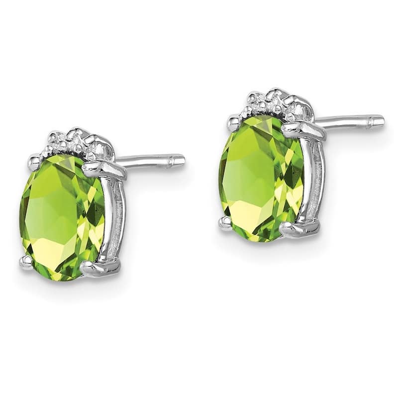 Curata 925 Sterling Silver Polished Rhodium Oval Peridot and Diamond Post Earrings - 10x6mm Wide