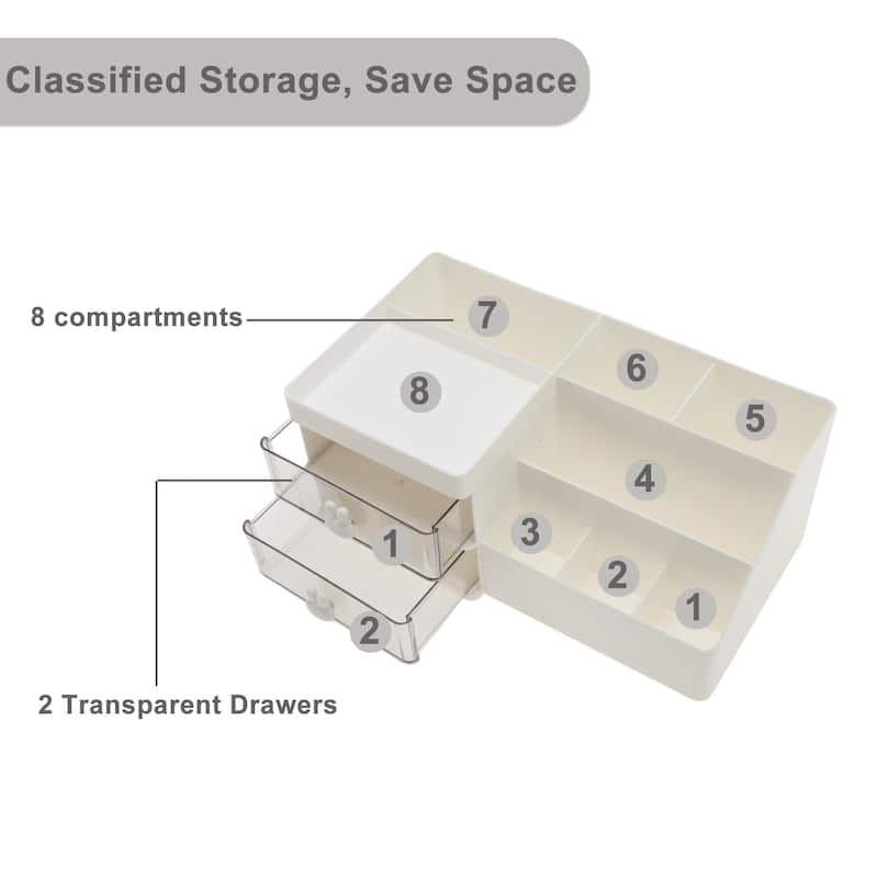 Makeup Organizer W/ 2 Drawer 8 Grids for Countertop Vanity for Brushes - 11.22"x6.18"x4.72"