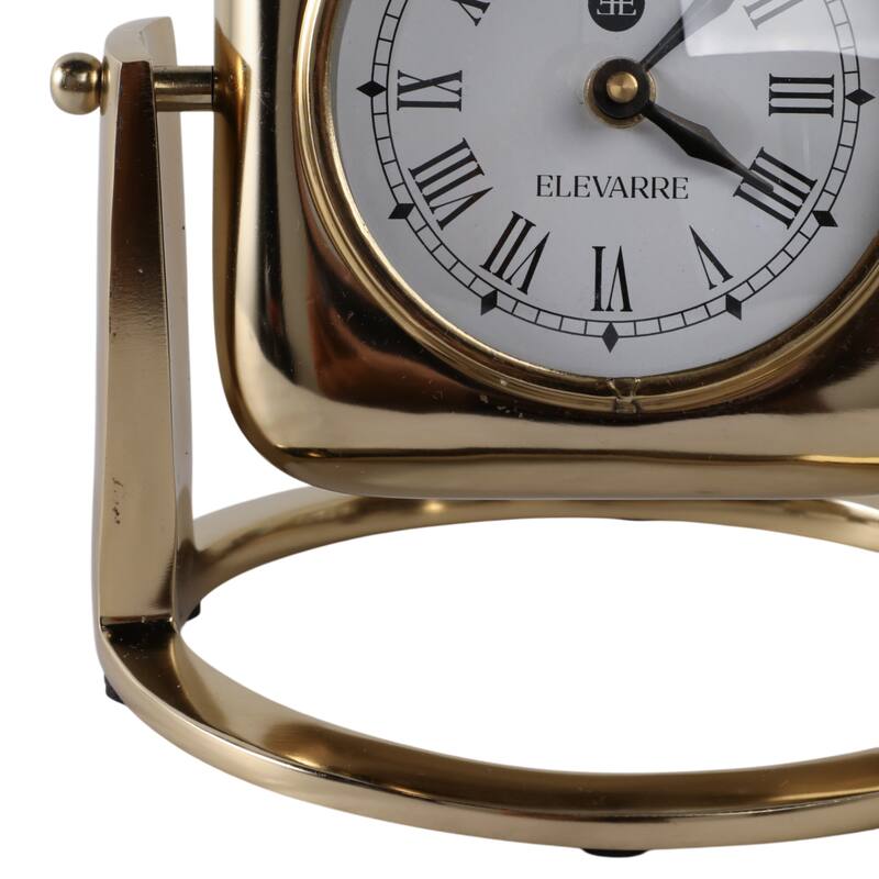 Metal Glass Desk Clock with Roman Numerals and Curved Frame Design - 7" x 7" x 9"