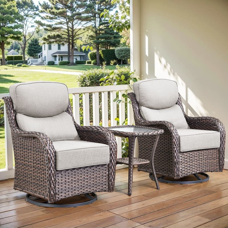 Arcadia 3-Piece Wicker Patio Swivel Glider Chairs with 6-Inch Thick Cushions and Side Table - Beige Cushions - Brown Wicker