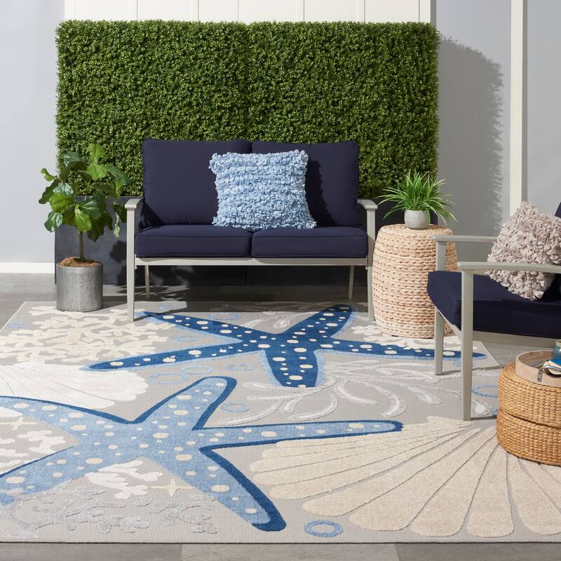 Nourison Aloha Coastal Beach Starfish Indoor/Outdoor Area Rug - 7'10" x 10'6" - Blue/Grey