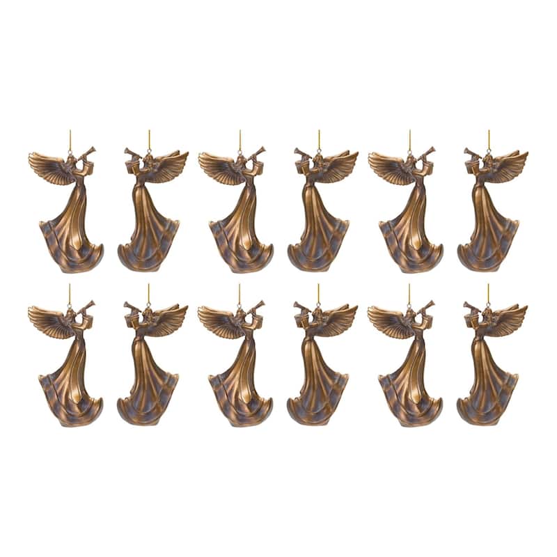 Set of 6 Rustic Angel with Trumpet Christmas Ornaments 5"