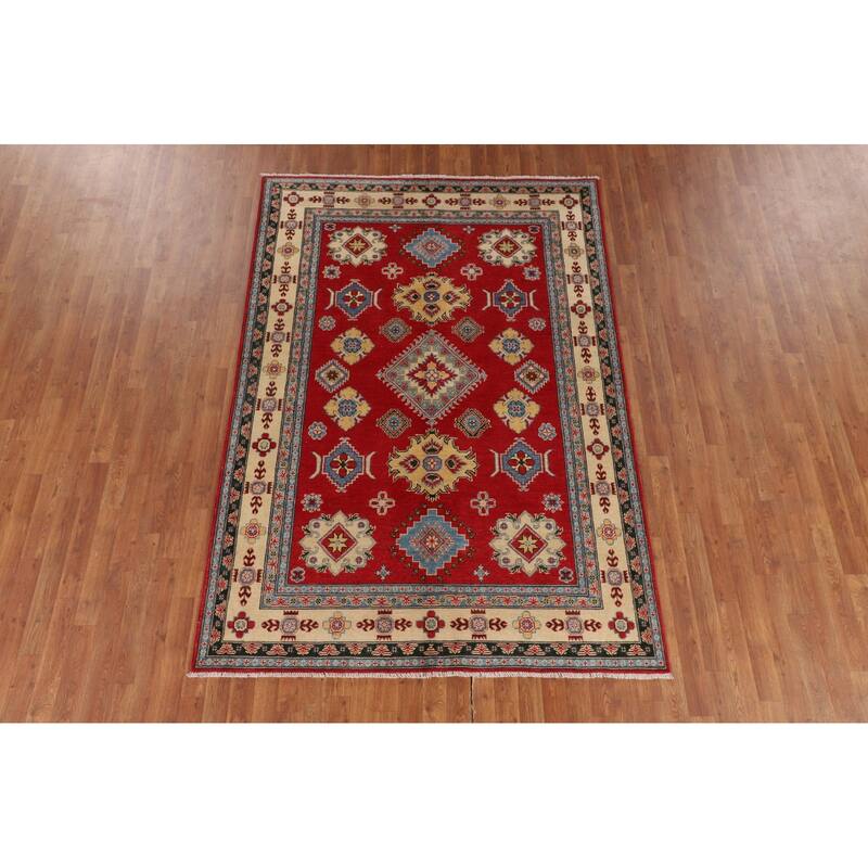 Red Geometric Kazak Oriental Area Rug Dining Room Handmade Wool Carpet - 5'6" x 7'10"