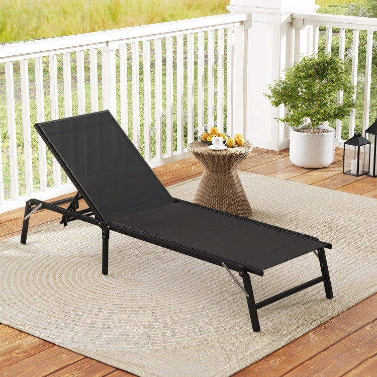 Black Metal and Fabric Patio Chaise Lounge Chairs Set of 2 with 5 Level Adjustable Backrest, Foldable Design - 72" x 23.5" x 12"