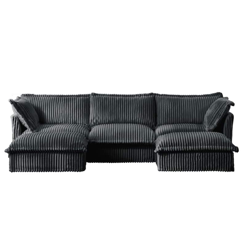 Slipcovered U-Shape 3-Seater Corduroy Sectional Deep Seat Sofa Couch