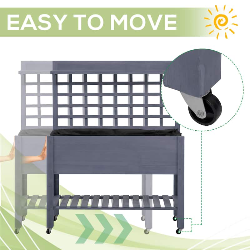 Outsunny 41" Raised Garden Bed with Trellis on Wheels, Wooden Elevated Planter Box with Legs and Bed Liner