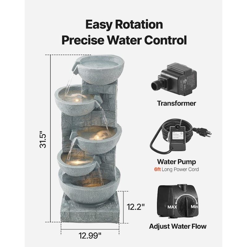 Modern Rock Grey 5-Tier Outdoor Water Fountain with LED Lights for Patio or Garden Decor - 12.99 x 12.20 x 31.50 in