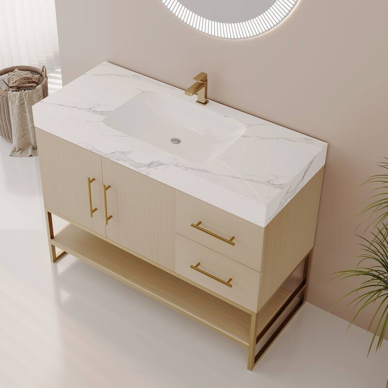 36" Modern Bathroom Vanity with Seamless Ceramic Sink & Gold Accent Free Standing Cabinet