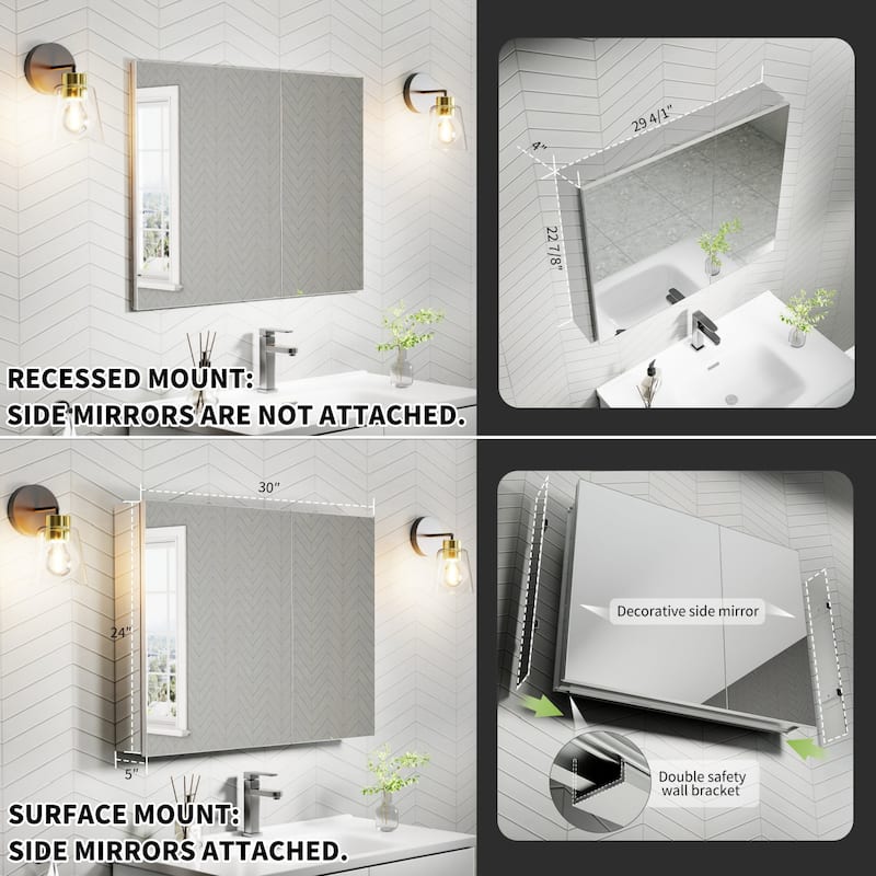 Modland 30"-36"W x 24"H Double Door Bathroom Medicine Cabinet with Mirror,Aluminum Frame