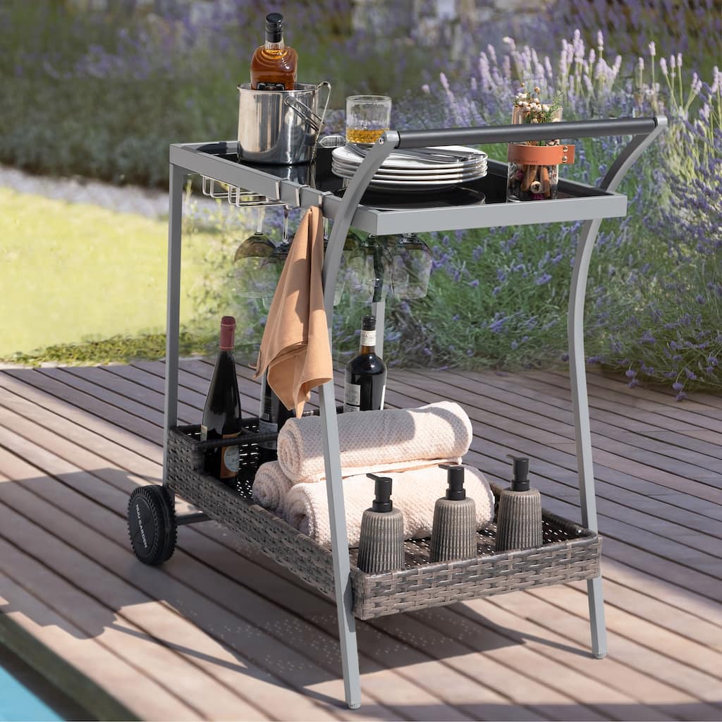 Outdoor 2-Tier Wicker Bar Cart on Wheels with Tempered Glass Board