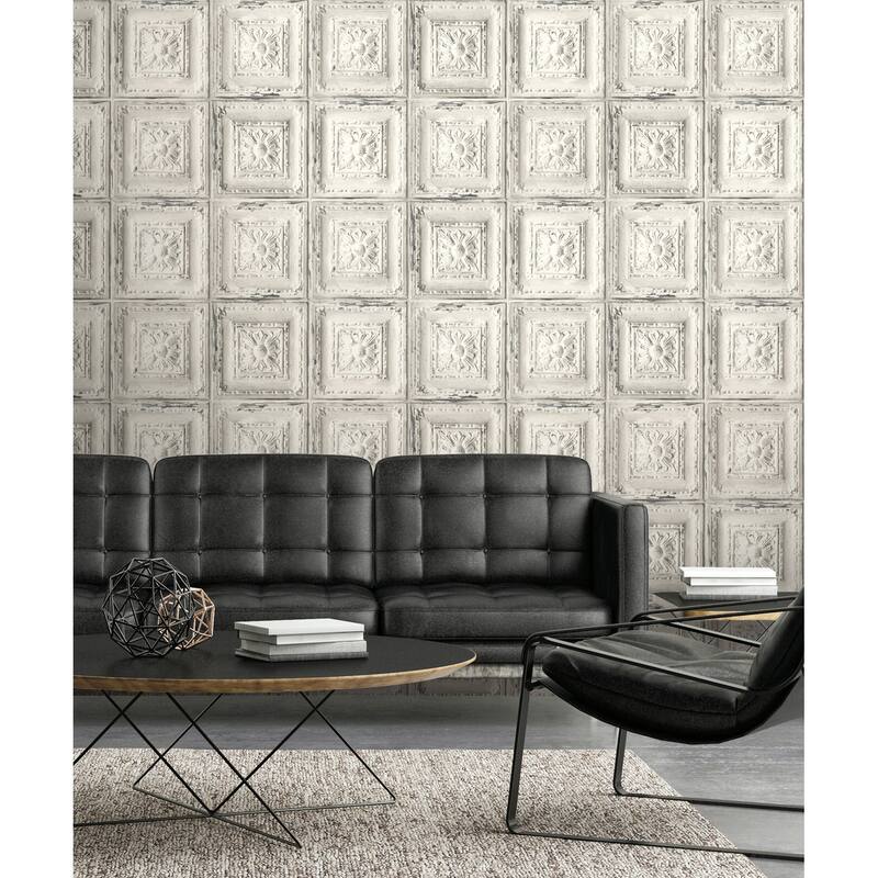 NextWall Distressed Tin Tile Peel and Stick Removable Wallpaper - 20.5 in. W x 18 ft. L