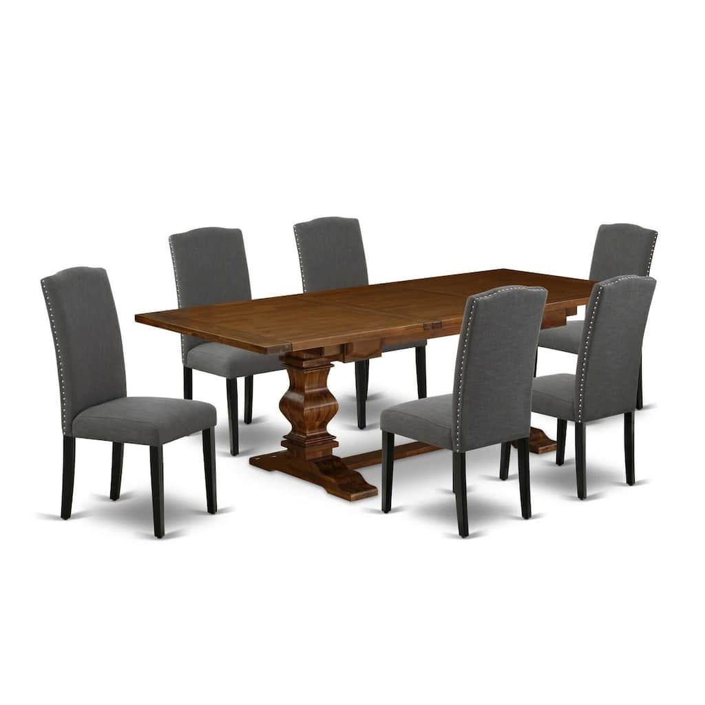 7-Piece Dining Set - Mid Century Modern Table & Chairs - Antique Walnut & Dark Gray Linen Fabric - 92