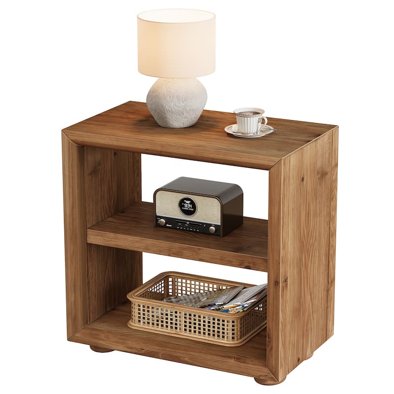 Solid Wood End Table with Storage Shelves, Bedside Nightstand, Living Room Bedroom Accent Side Table