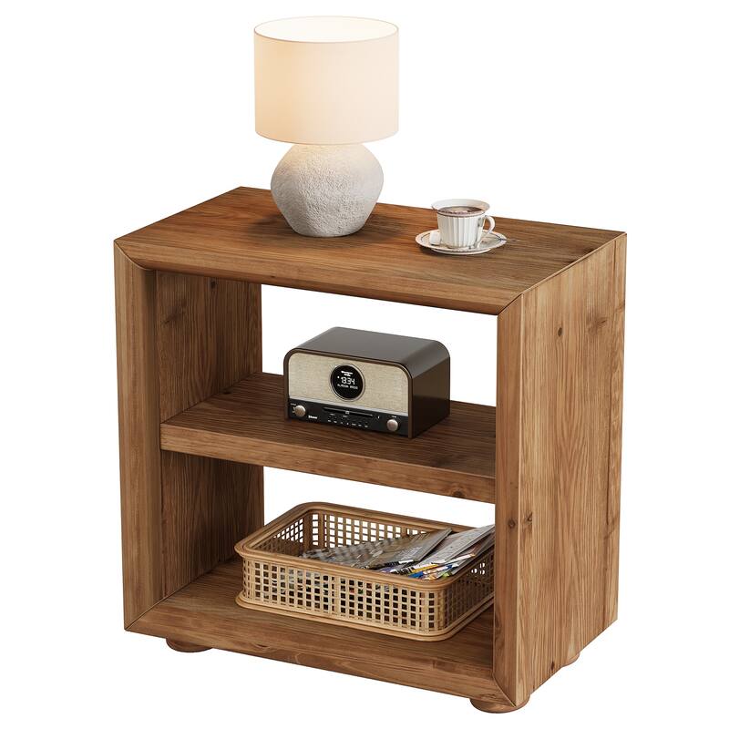Solid Wood Side Table, Bedside Furniture with Storage Shelves