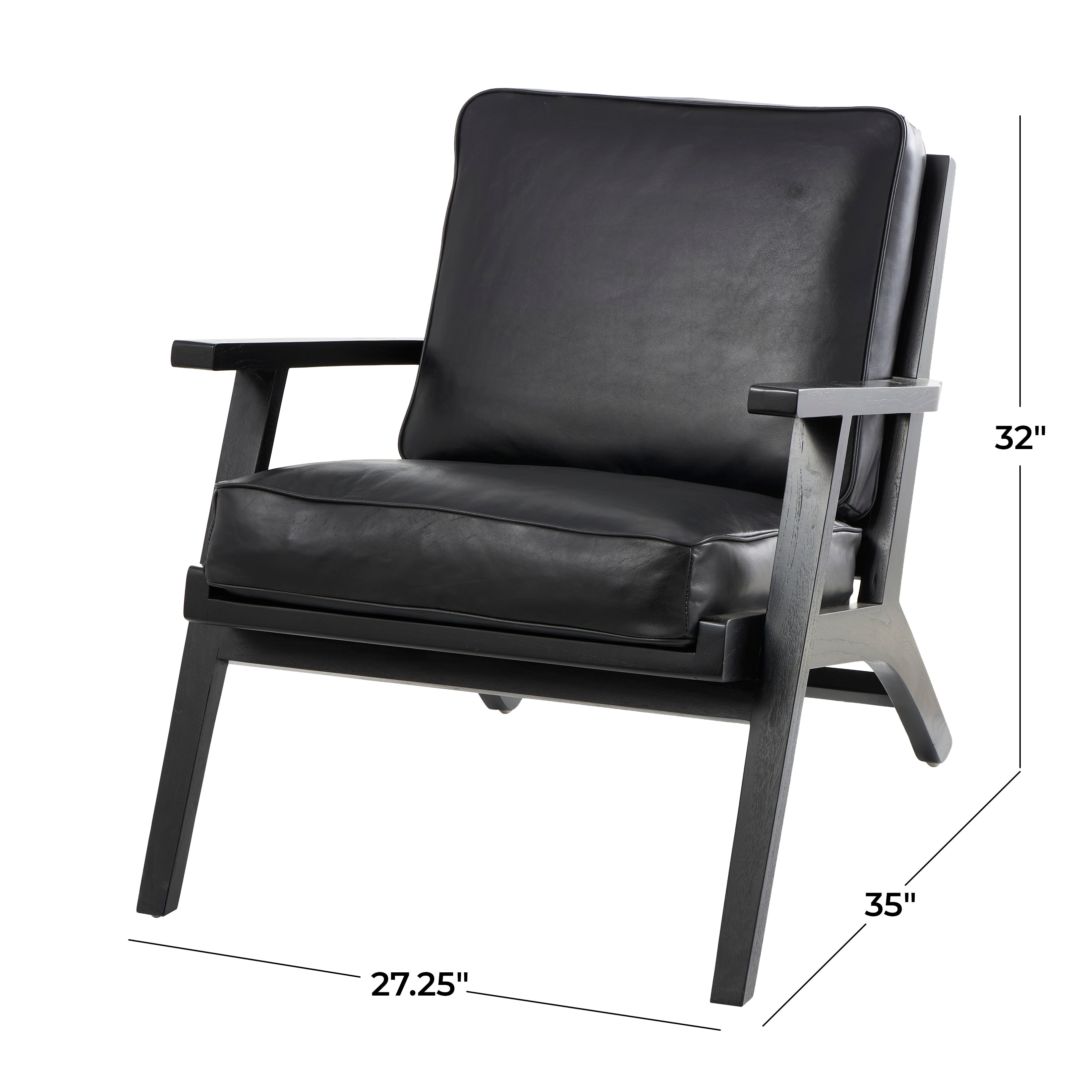 Black Leather Mid-Century Accent Chair with Teak Wood Frame - Bed