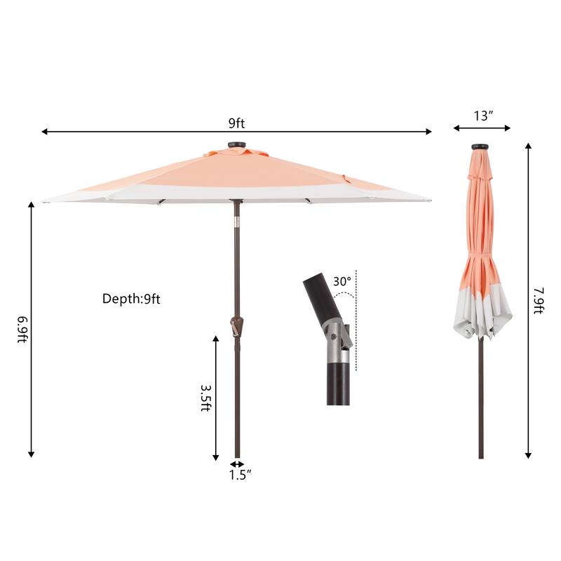 Sidney 9 ft. 2-Tone Solar LED Market Patio Umbrella with 12 LED Strip Lights, Auto-Tilt, Crank and UV Protection, by JONATHAN Y