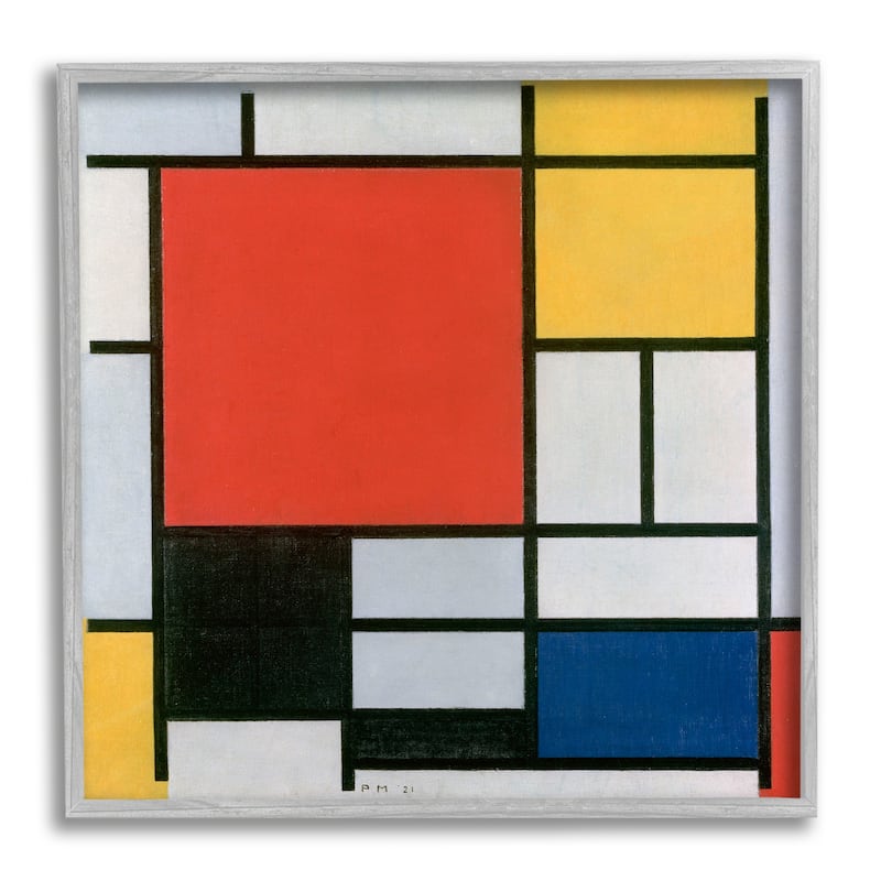 Stupell Composition in Red Yellow Piet Mondrian Classic Abstract Painting Framed Wall Art, Design by one1000paintings - 12 x 12 - Grey