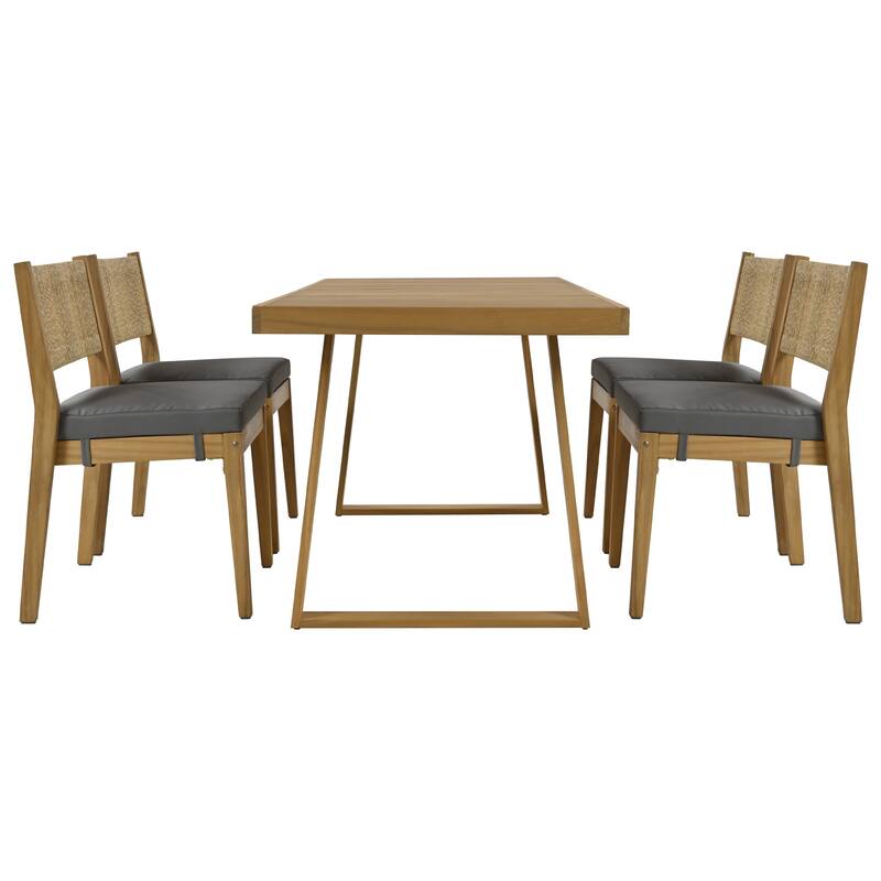 9 Pieces Acacia Wood Patio Dining Furniture Set, Farmhouse Dining Table Set with 4 Chairs and Removable Cushions