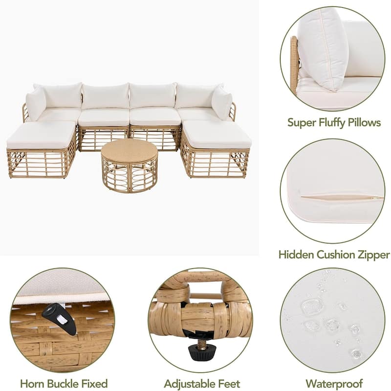 Roomfitters 7 Pieces Outdoor Patio Furniture, All-Weather Rattan Sectional Sofa Set with Thick Cushions and Pillows